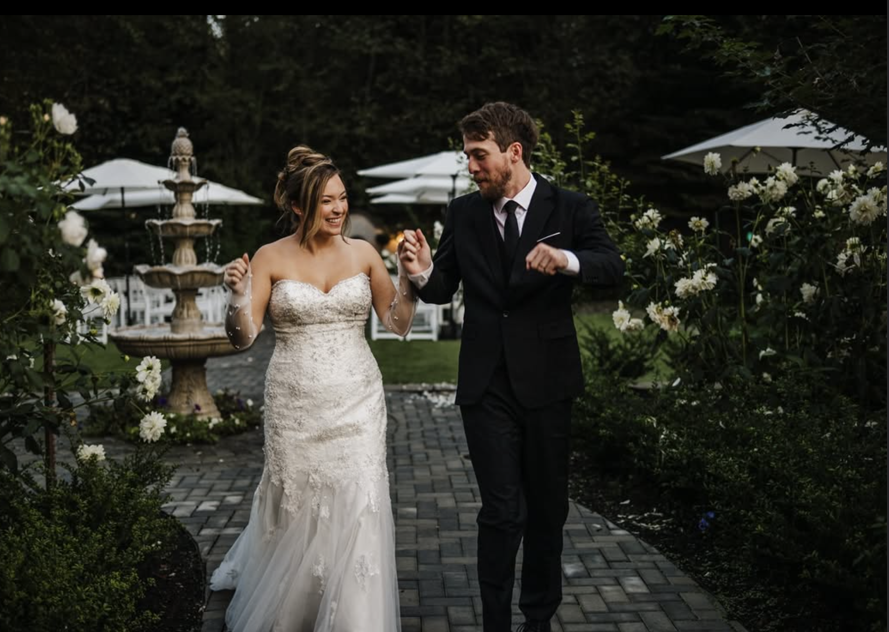 Bride and groom at a garden wedding venue